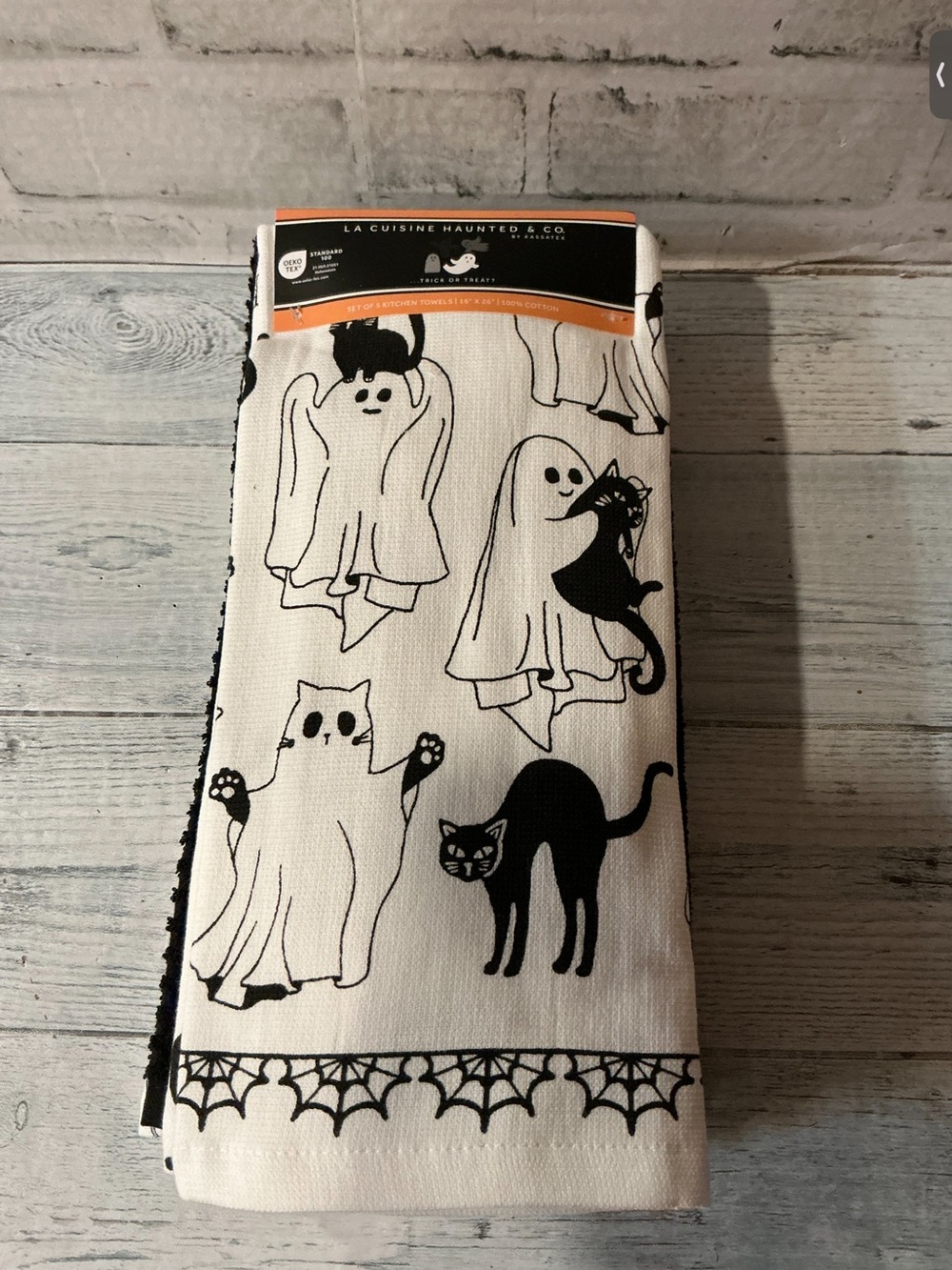 Kassatex Cat Ghost Kitchen Towels - 5-Piece, White-Blac